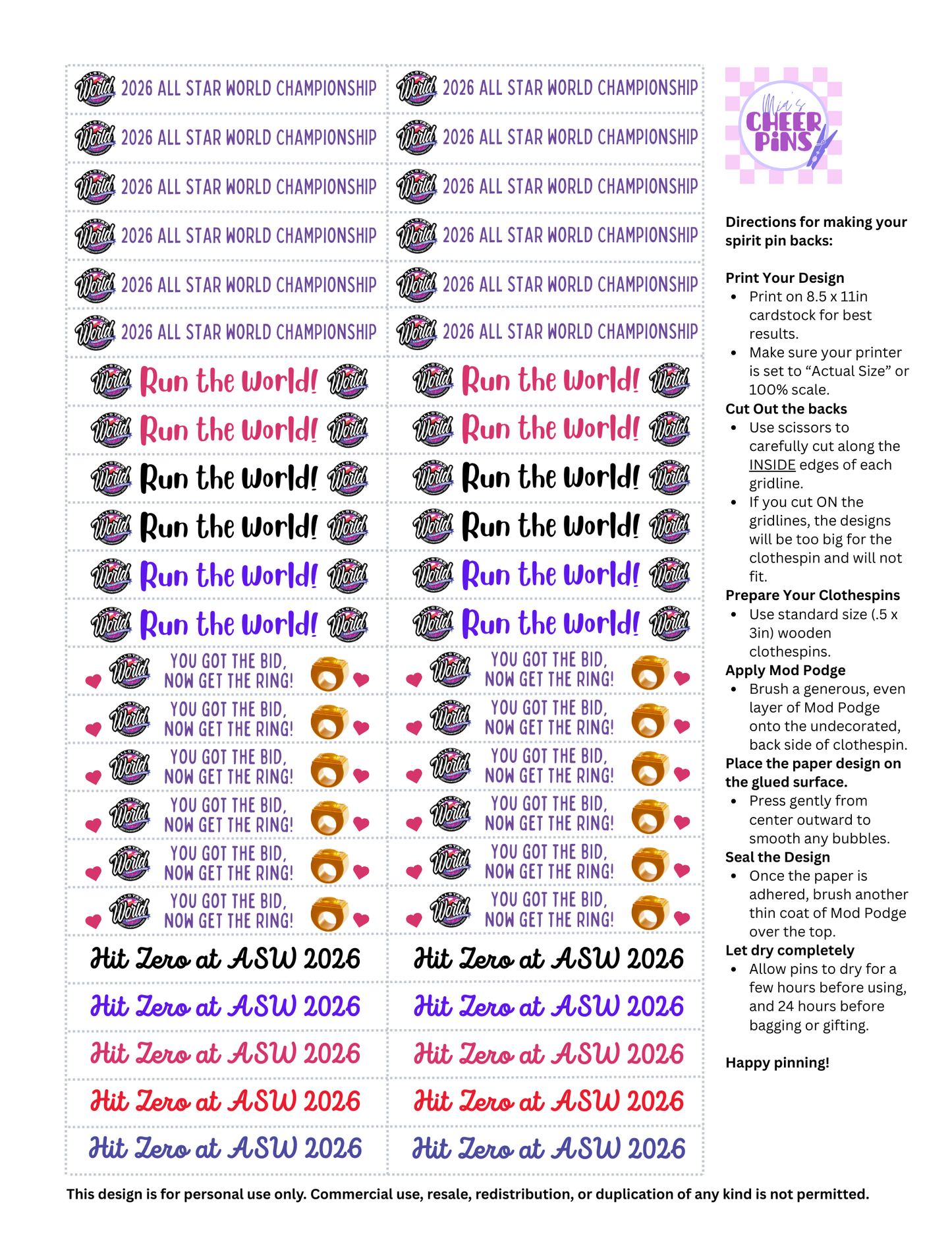 All Star World 2026 Cheer Pin Backs - Digital item for instant download