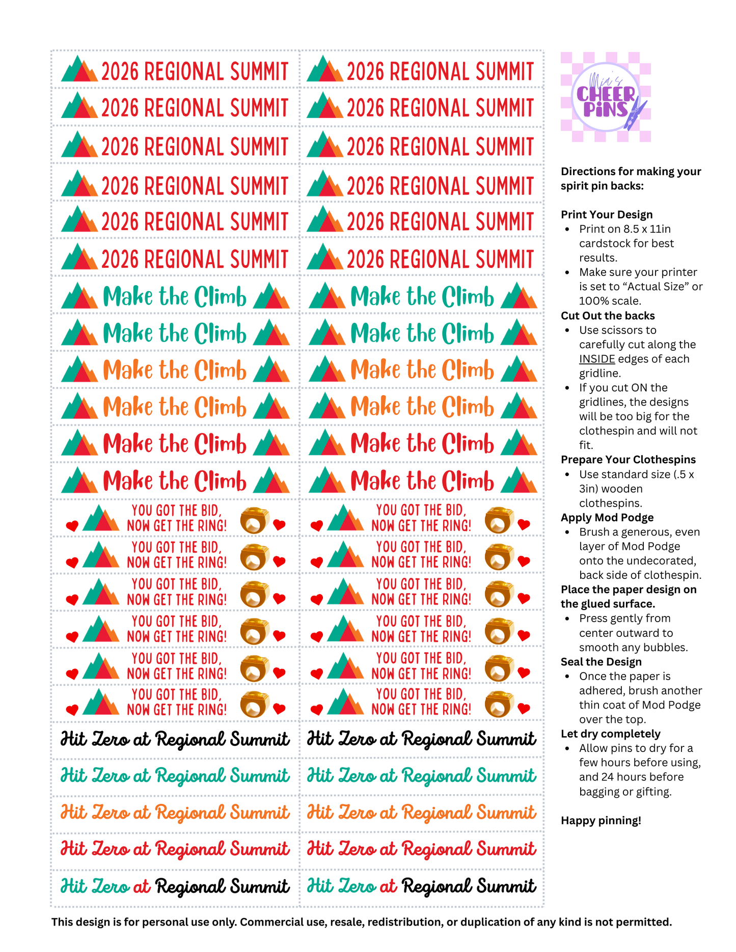 Regional Summit 2026 Cheer Pin Backs - Digital item for instant download