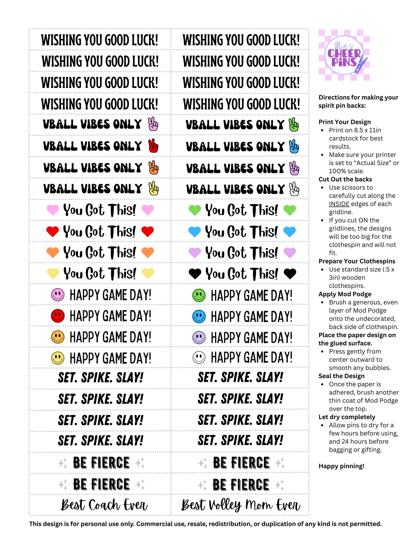 Volleyball Pin Backs - Digital item for instant download