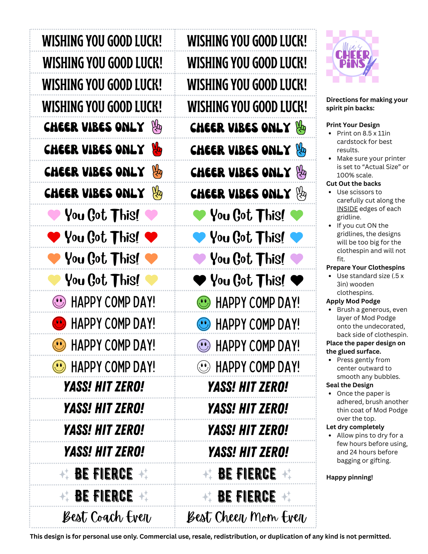 Cheer Pin Backs - Digital item for instant download