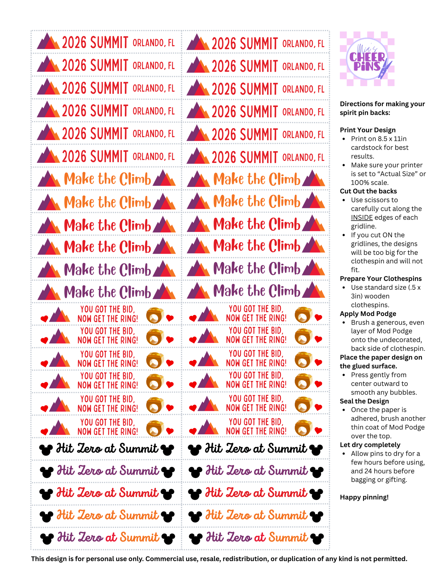 D2 Summit 2026 Cheer Pin Backs - Digital item for instant download
