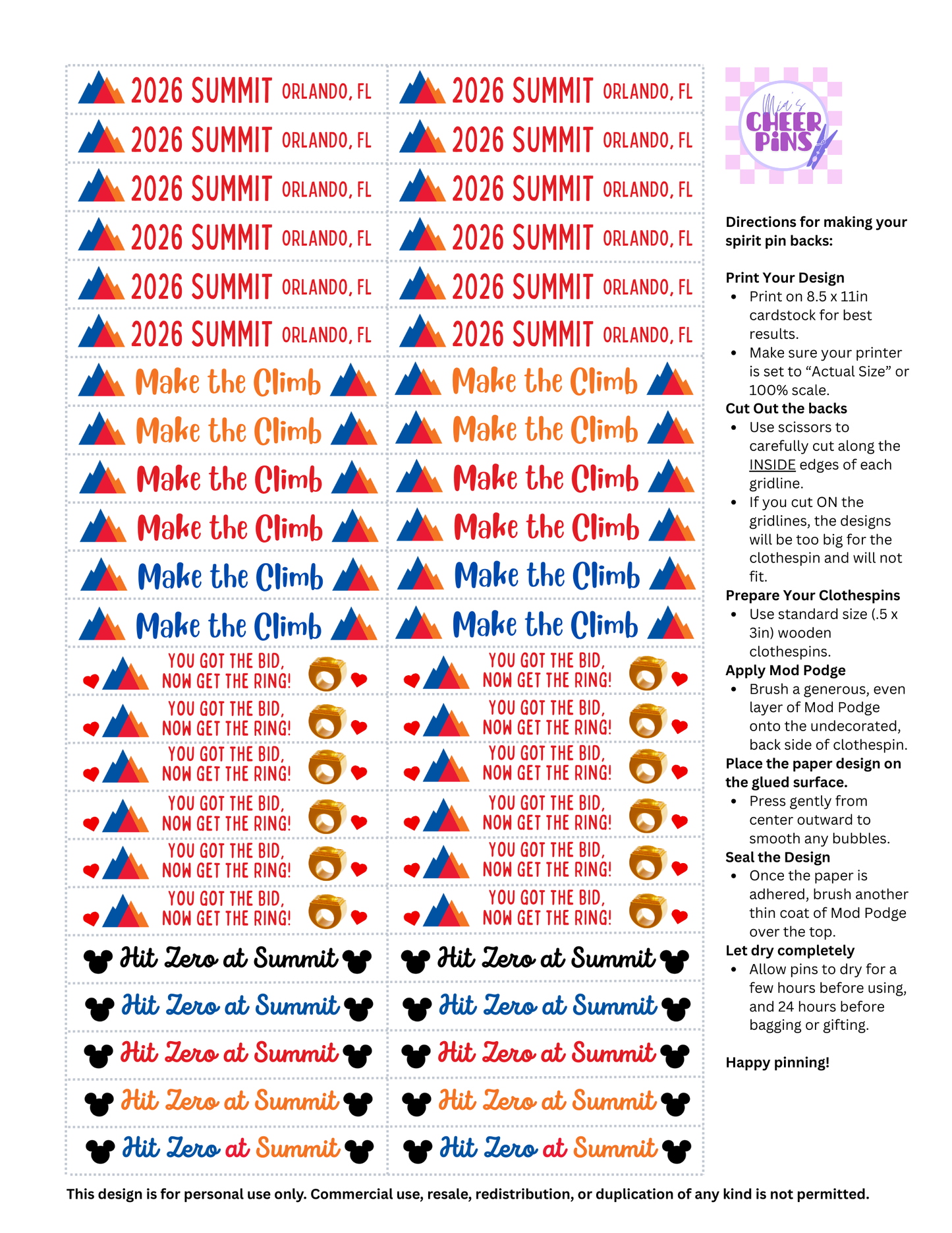 Summit 2026 Cheer Pin Backs - Digital item for instant download