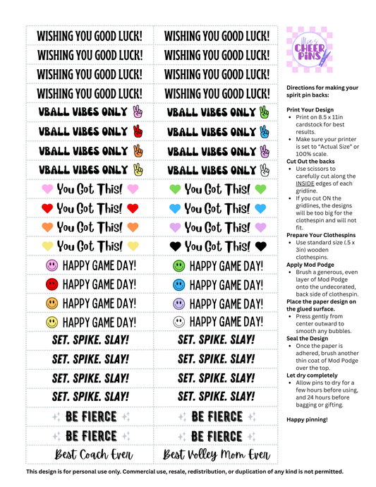 Volleyball Pin Backs - Digital item for instant download