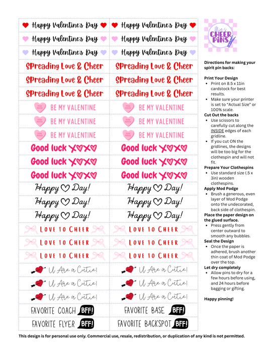 Valentine Cheer Pin Backs - Digital item for instant download