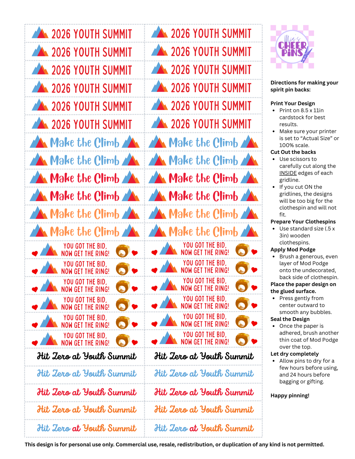 Youth Summit 2026 Cheer Pin Backs - Digital item for instant download