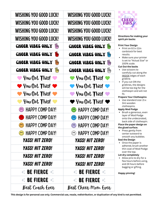 Cheer Pin Backs - Digital item for instant download